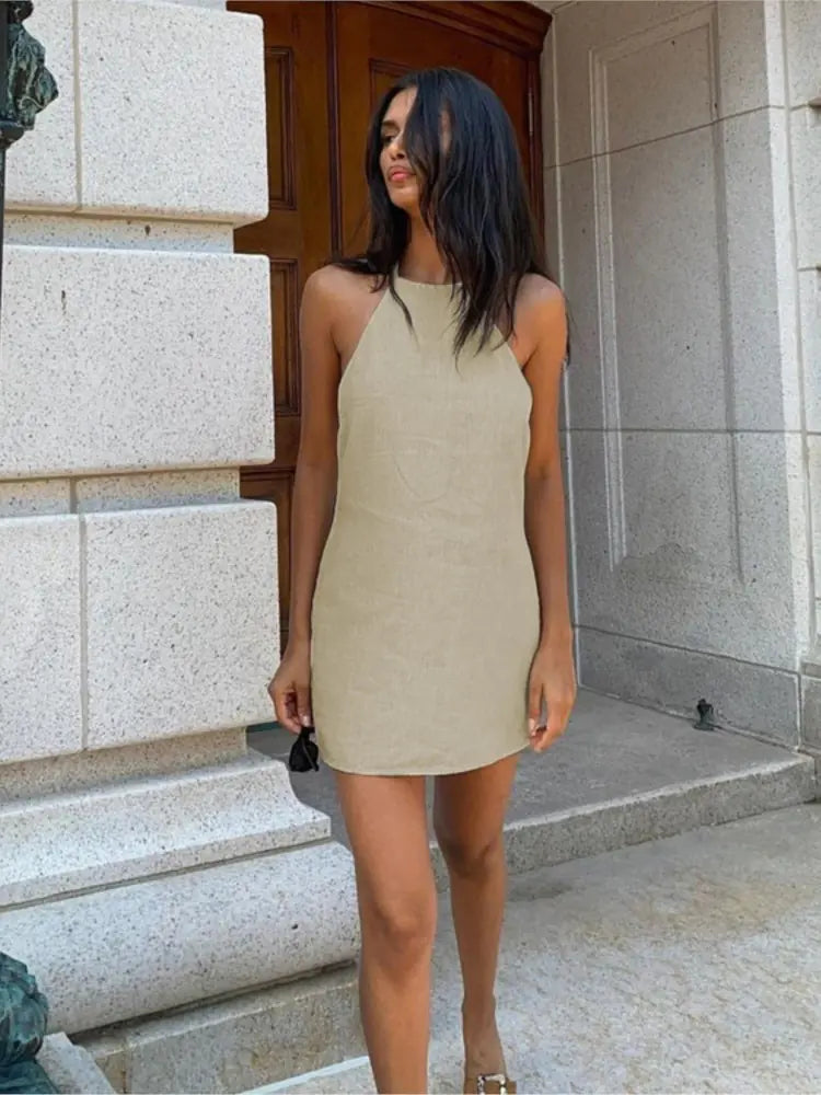 Cotton and Linen Backless Mini Halter Dress