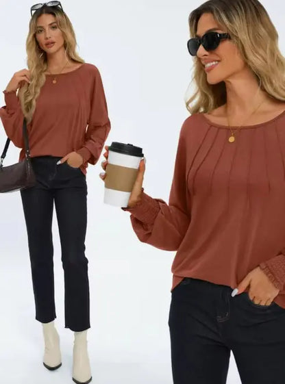 Pleated O-Neck Blouse