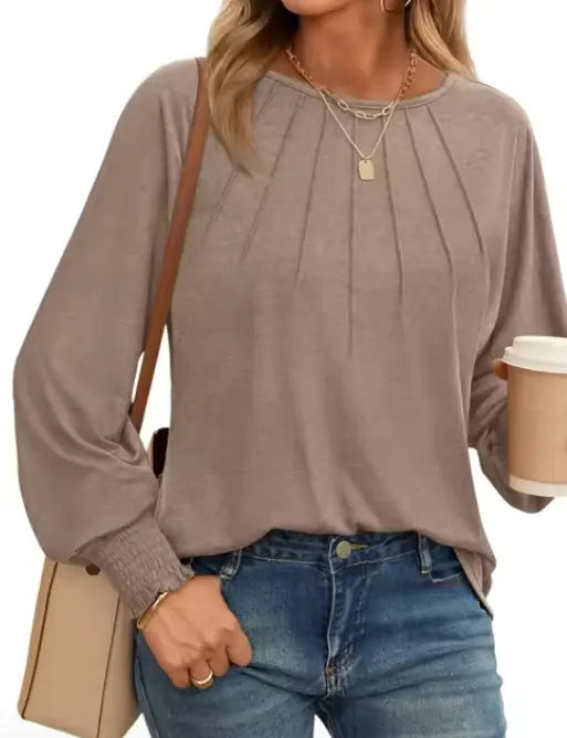 Pleated O-Neck Blouse