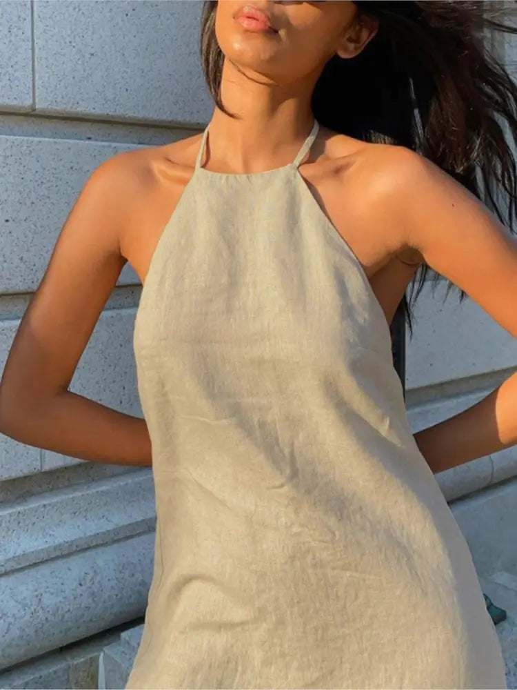 Cotton and Linen Backless Mini Halter Dress