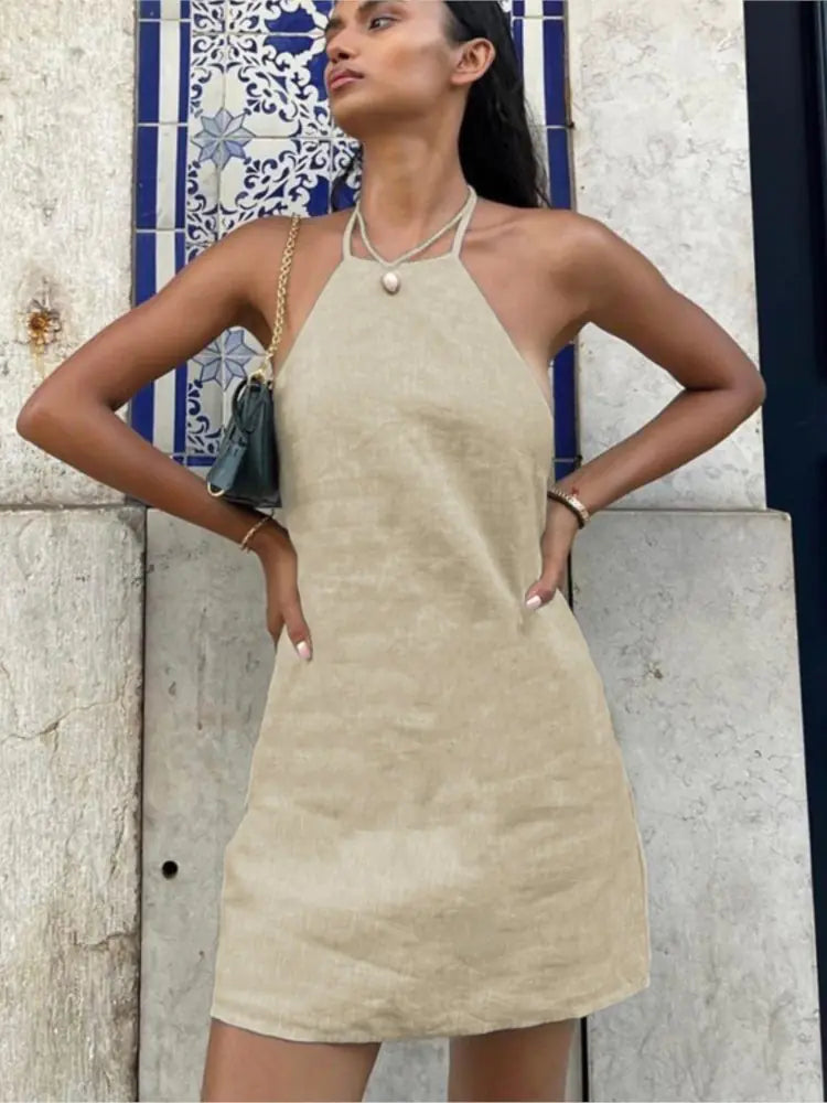 Cotton and Linen Backless Mini Halter Dress