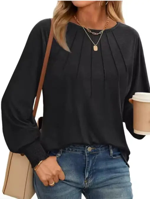 Pleated O-Neck Blouse