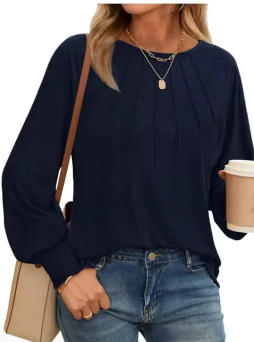 Pleated O-Neck Blouse