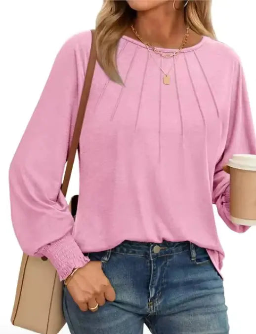 Pleated O-Neck Blouse