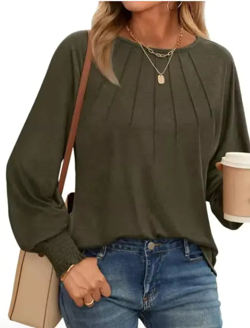 Pleated O-Neck Blouse