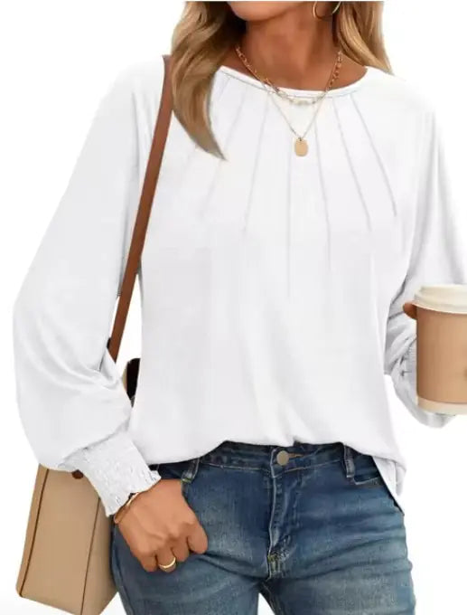 Pleated O-Neck Blouse