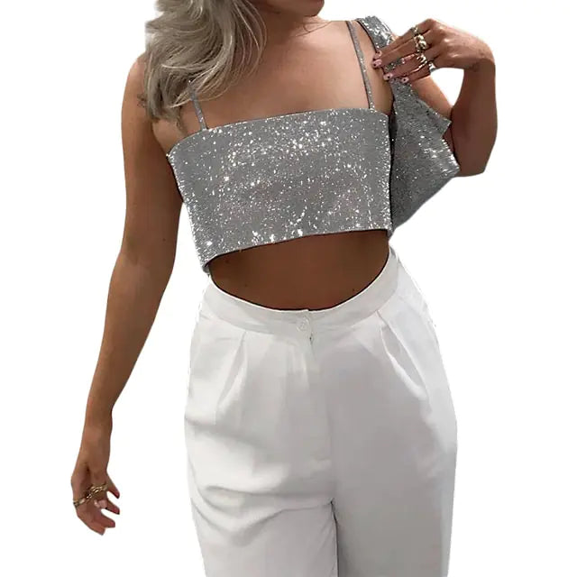 Crop Top Backless Metallic Sequin