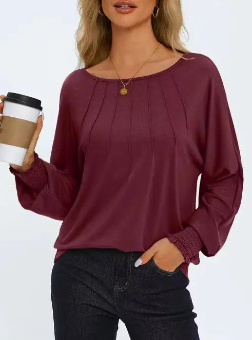 Pleated O-Neck Blouse