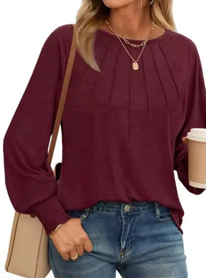 Pleated O-Neck Blouse